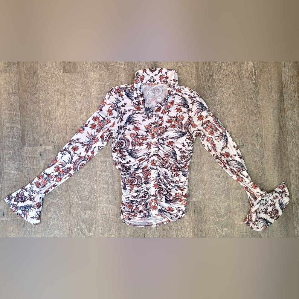 Free People Ruched 1/2 Button Down Blouse Womens S Cream Navy Rust Floral Boho - Picture 5 of 9